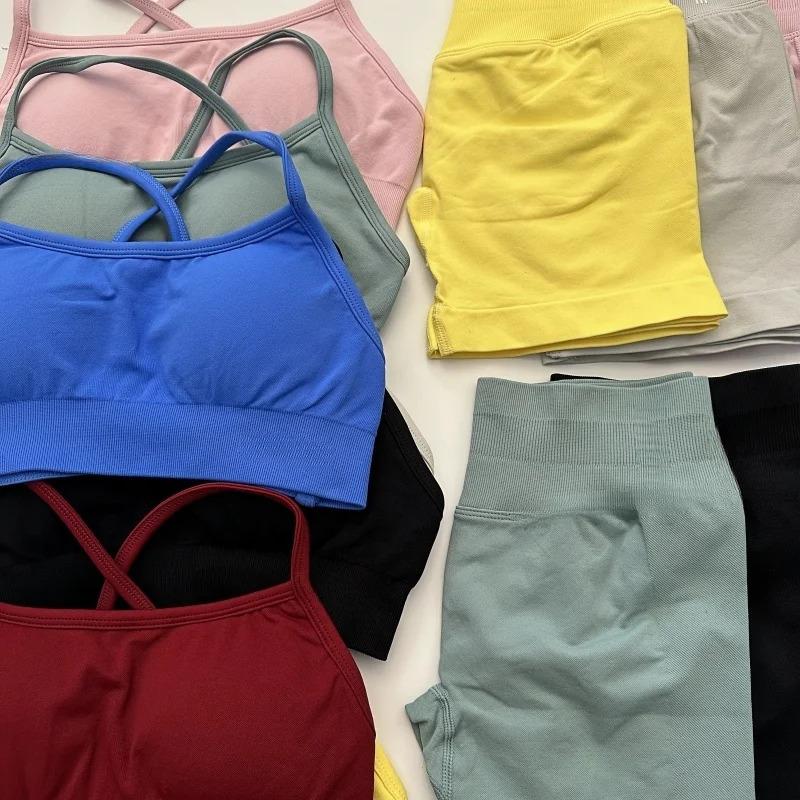 With Logo) DFYFN Yoga Fitness  Women's Seamless Yoga  2-Piece   Backless  Bra Butt-Lifting Shorts Workout Clothes Halter Crop Top Set Tie-Dye Cross Pattern Hoodie sports tracksuits men wrestling suits Men's Velour Patchwork Two-Piece summer thermal track