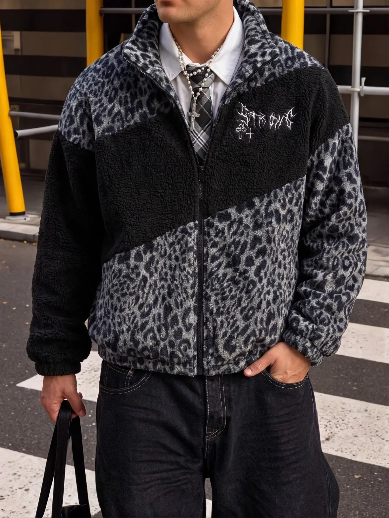 Men's Black Gray Leopard Color Block Full Zip Stand Collar Sherpa Fleece Jacket, Gothic Cross Spike Letter Chest Print Cuffed Long Sleeve Warm Fluffy Plush Coat For Fall Winter Street Gothic Casual Wear