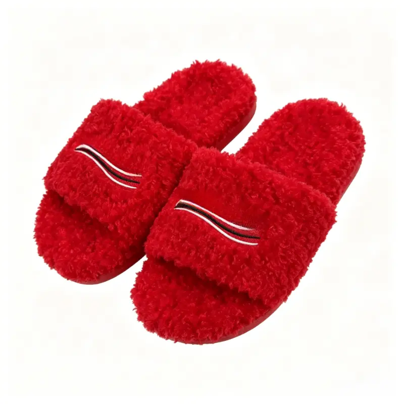 Women's Paris-Style Casual Sports Slides, Fuzzy Plush Open-Toe House Slippers with Embroidered Strap, Cushioned Memory Foam, Non-Slip Rubber Soft Sole, Striped Design, EU 35-44, Warm for Fall Winter Indoor Use