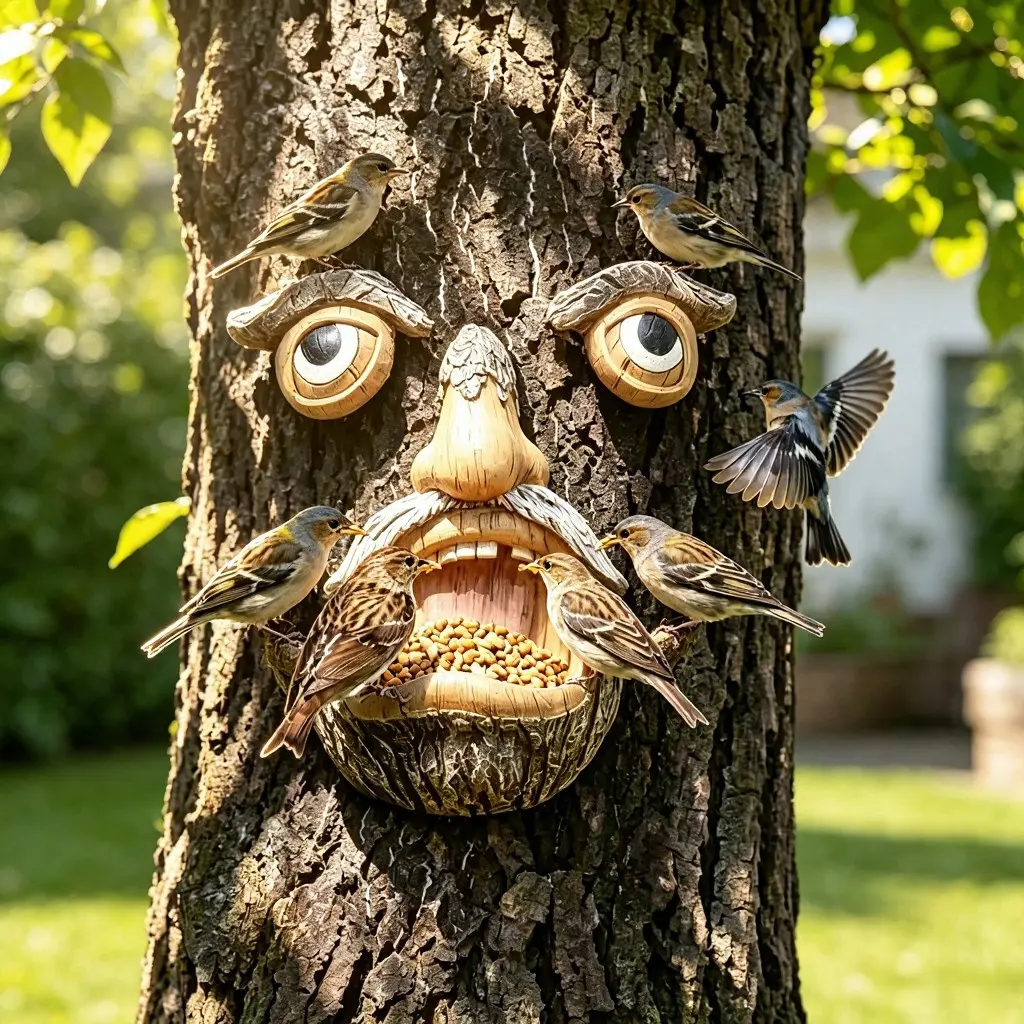 Fun Tree Face Bird Feeder, Elderly Tree Face Sculpture Attract Wild Birds Feeder, Outdoor Garden Tree Decoration Ornament, Unique Yard Accessory