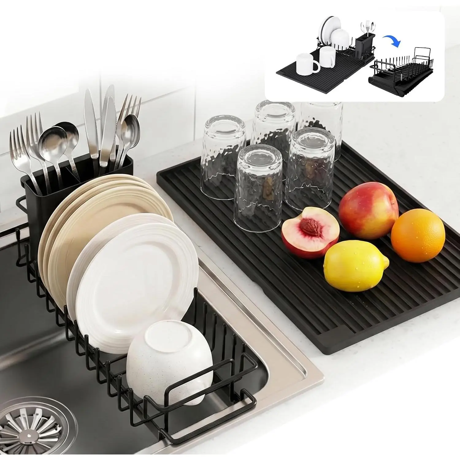 Expandable Dish Drying Rack In Sink, Stainless Steel with Silicone Drip Tray, Space Saving Adjustable Dish Rack for Small Kitchen Counter, Apartment & RV Drying Rack Fit for 14.5’’-18.5’’ Kitchen Sink