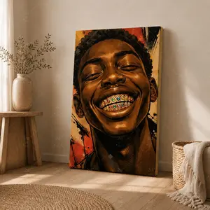 Bold Smiling Portrait Canvas Wall Art, Urban Pop Art Character Poster for Living Room Bedroom Office Studio Decor, Available as Unframed Canvas Poster or Framed Canvas Wrap