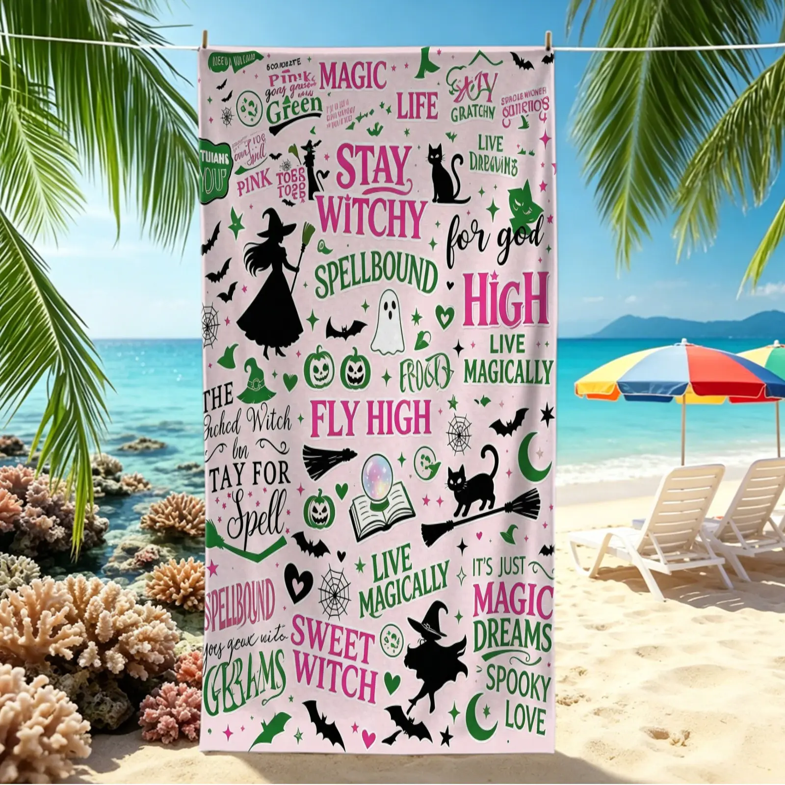 1Pc POD Witch Magic Digital Print Beach Towel, Quick-Dry Pool Towel, Portable Camping Towel & Bath Towel Blanket, Build Leisure Whimsical Magical Atmosphere, For Holiday Outdoor Use & Witch Style Enthusiasts Daily Use