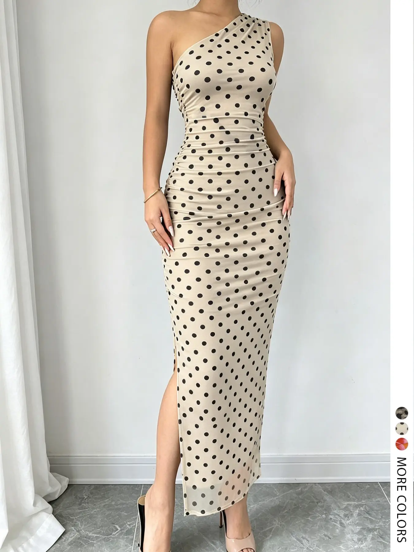 Lw Home Polka Dot Print Split Thigh Dress, Sexy Chic Bodycon Slim-Fitting Skirt, Asymmetric Neckline, Sleeveless, Bodycon Fitted Dress, Long Dress for All Seasons