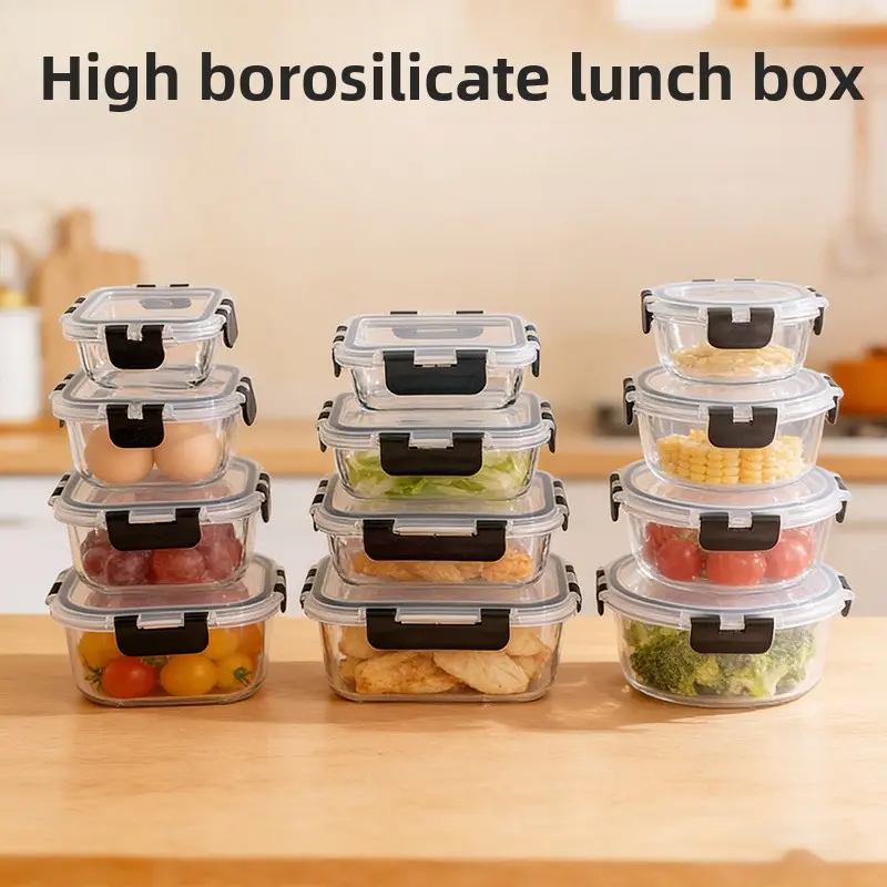 12-Piece Thickened Borosilicate Glass Food Containers Set Heat Resistant Microwave Safe Lunch Boxes for Office Outdoor Use