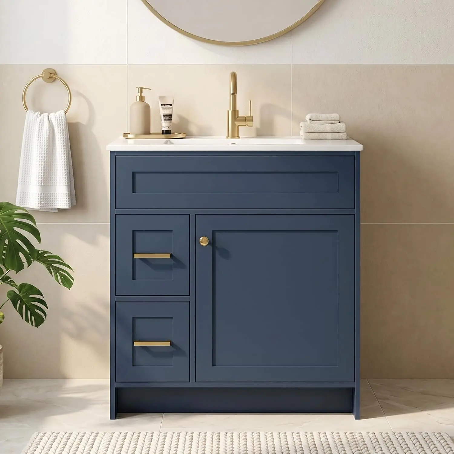 30" Bathroom Vanity with Sink, Farmhouse Style Cabinet with Elegant Gold Hardware, Water-Resistant Surface and Durable Hinges, Spacious Drawers for Organized Storage, Modern Bathroom Sink Cabinet
