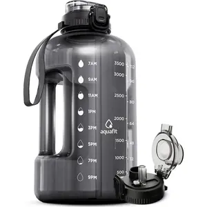 1 Gallon Water Bottle with Time Marker - Straw & Chug Lid - BPA Free Gym Water Bottle with Straw - Big Gallon Jug (Gray, 128 oz - 2in1 Lid)