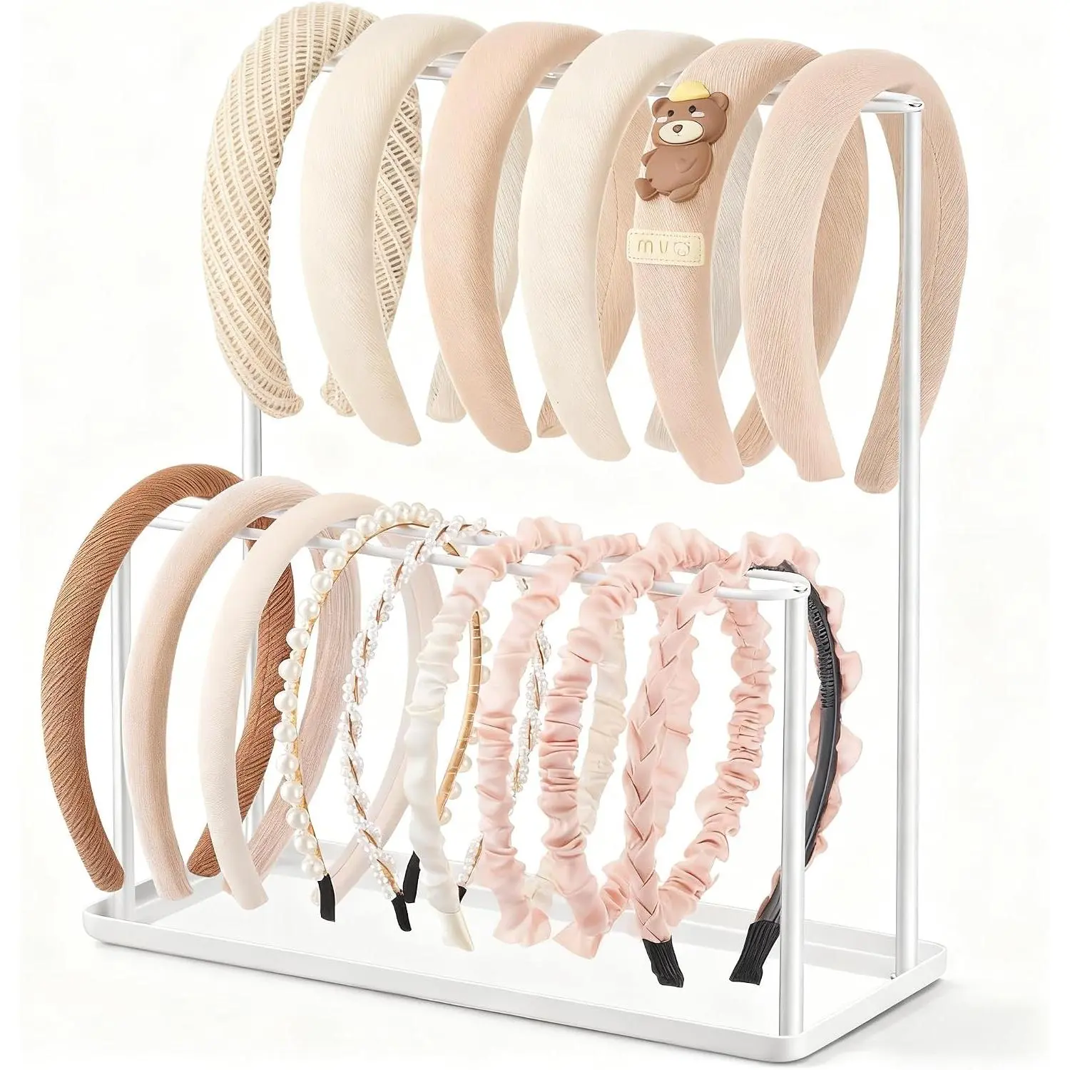 Headband Holder Organizer Metal with Tray for Hairbands & Necklaces, White | 2-tier display stand | Tray adds storage for small hair accessories | Designed for bedroom organisation |