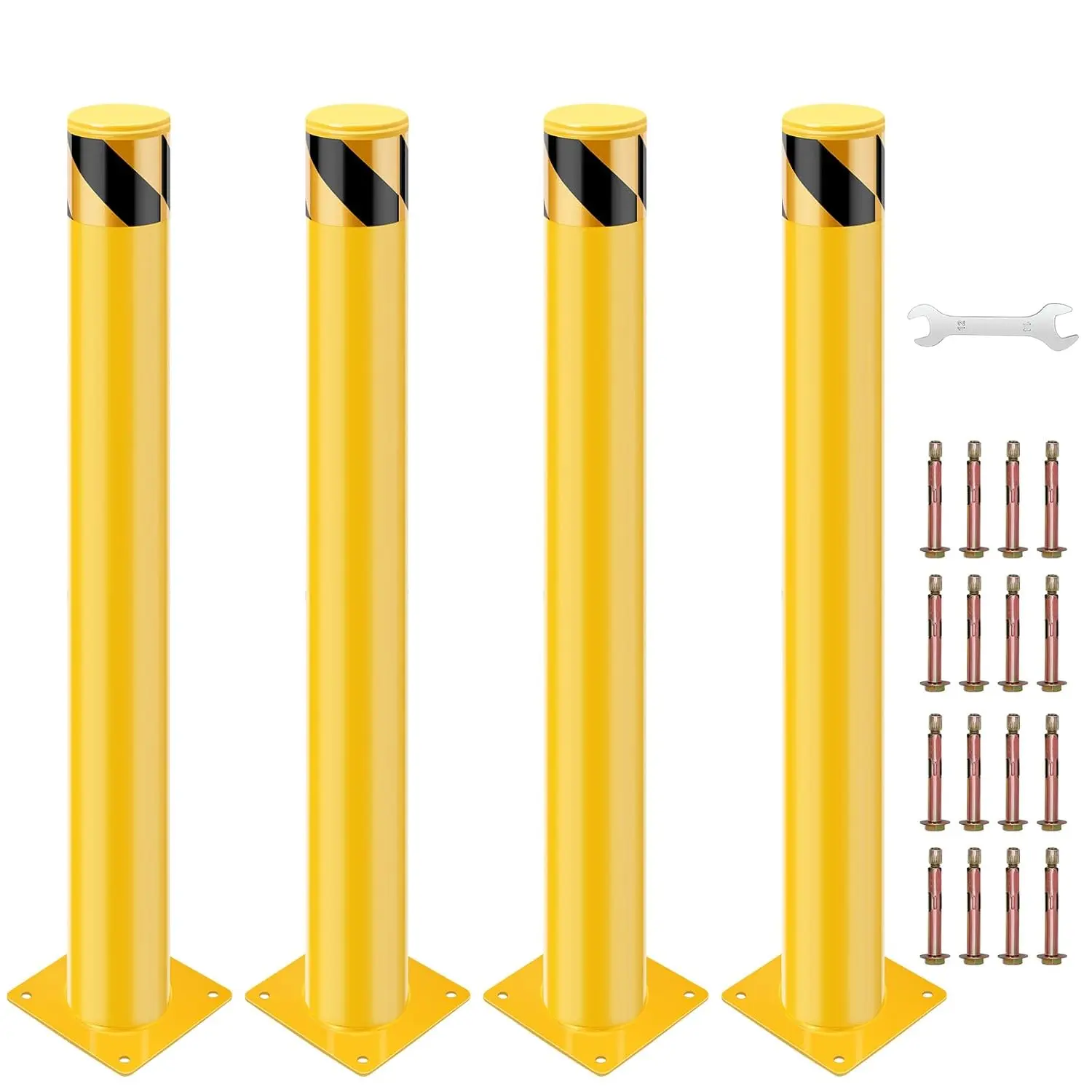 【Garvee】6 Pcs Safety Bollard Post – 42" x 4.5" – Steel Removable Traffic Parking Barrier Bollards, with 24 Anchor Bolts, Wrench, Positioning Plate – Yellow