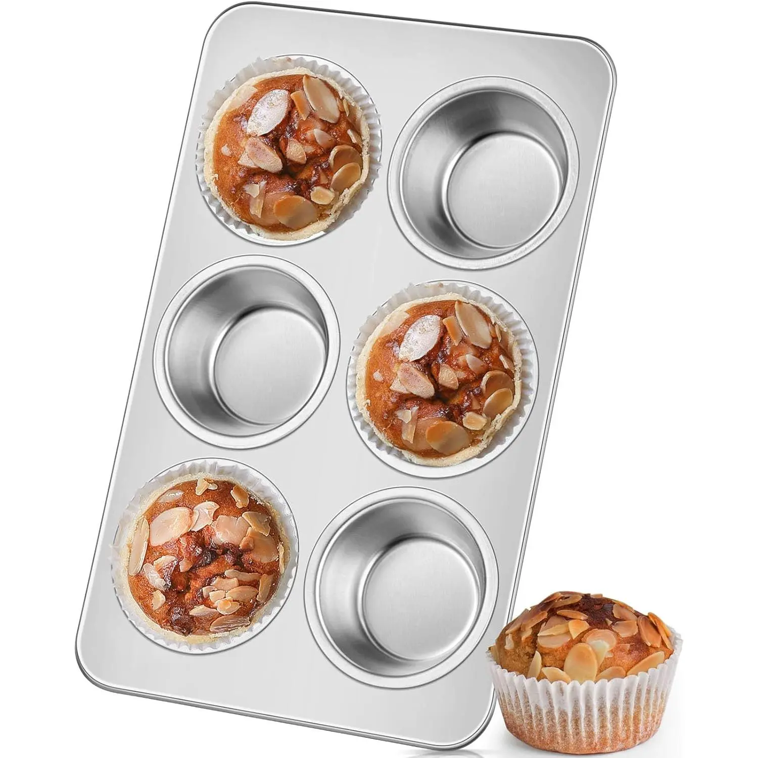 Stainless Steel Muffin Pan Metal Cupcake Pan 6 Cup | Standard Size Metal Muffin Tin Tray for Baking Cupcake Quiches, Dishwasher Oven Safe