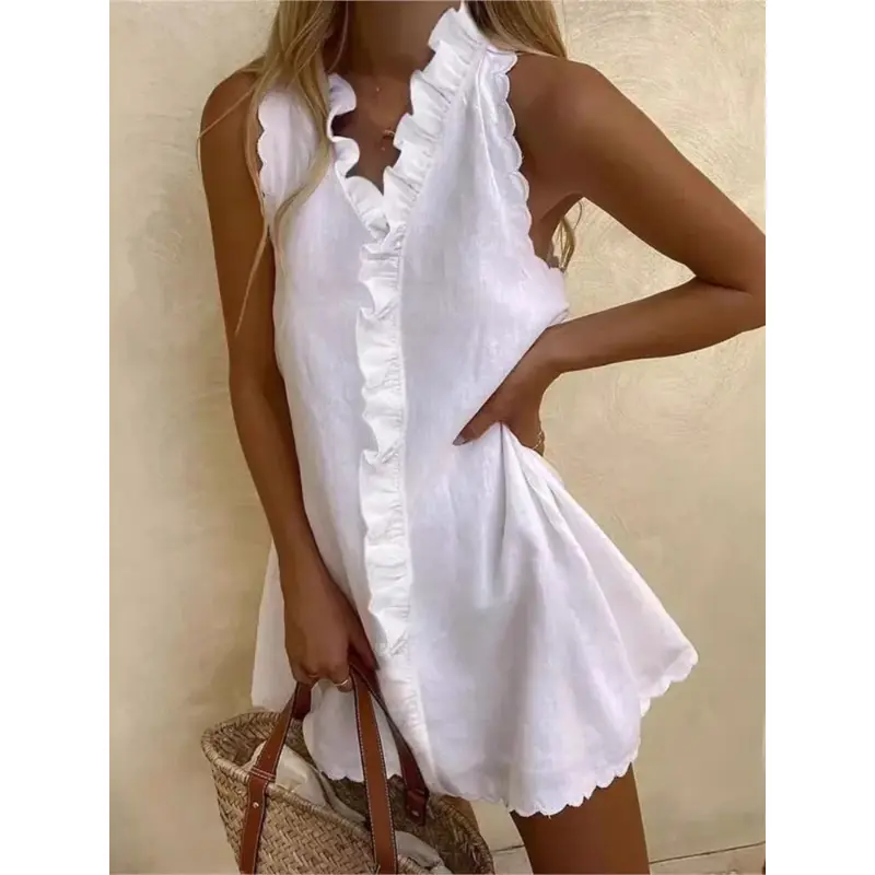 New Women Casual Cotton And Linen White Dress Summer V Neck Ruffles Sleeveless Boho Beach Party Mini Dresses Female Robe Womenswear
