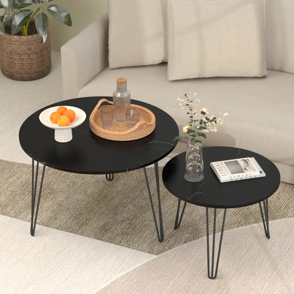 Littleox 27.56'' Round Nesting Coffee Table Set of 2, Circular Nesting End Table Set, Round Marble Tabletop, and Sturdy Metal Base for Living Room, bedroom, Black