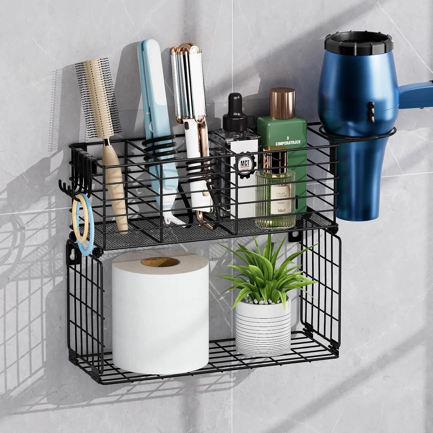 Metal Hair Tool Organizer with Toilet Paper Storage Basket Wall Mount | Bathroom Blow Dryer Curling Iron Holder Wall Mounted, 2 Tiers Hair Styling Tools Organizer for Straightener with Hooks, Black