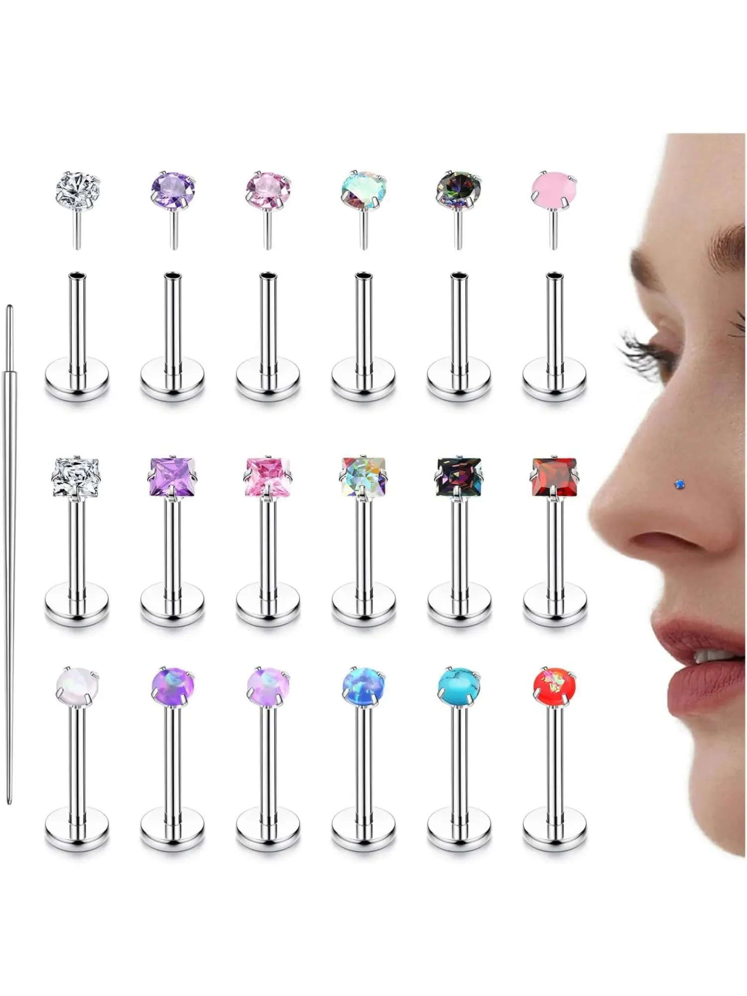 18PCS Hypoallergenic Threadless Flat Back Piercing Jewelry Set for Men & Women, 16G & 20G Multi-Gauge Nose Studs, Universal Studs for Cartilage, Nostril, Conch, Helix & Tragus Piercings, Perfect for Daily, Festival & Party Wear