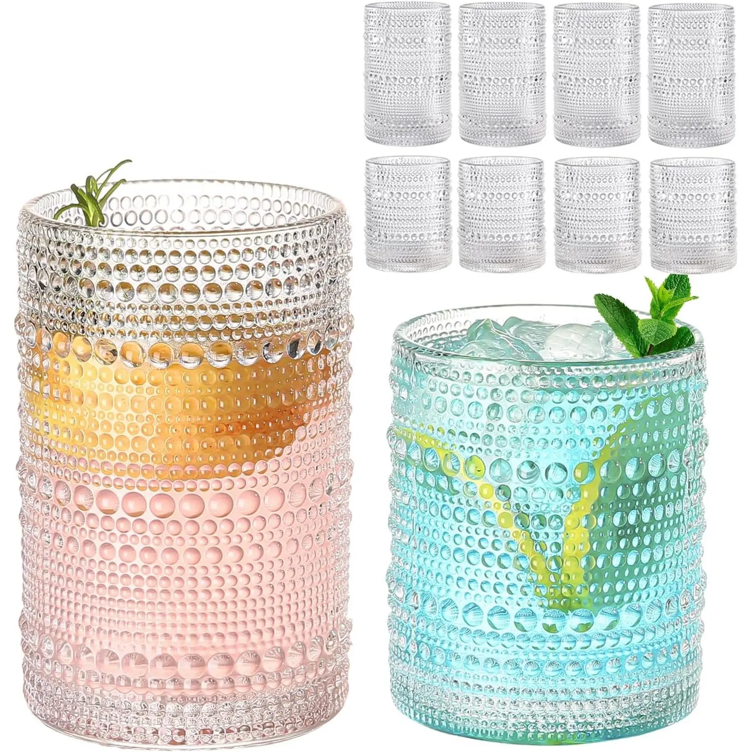 Vintage Hobnail Drinking Glasses Set of 8,Clear 12 oz & 15oz Highball Glass Cups, Kitchen Drinkware Glassware,Embossed Water Tumbler,for Beer,Cocktail,Whiskey,Juice and Various Mixed Drinks