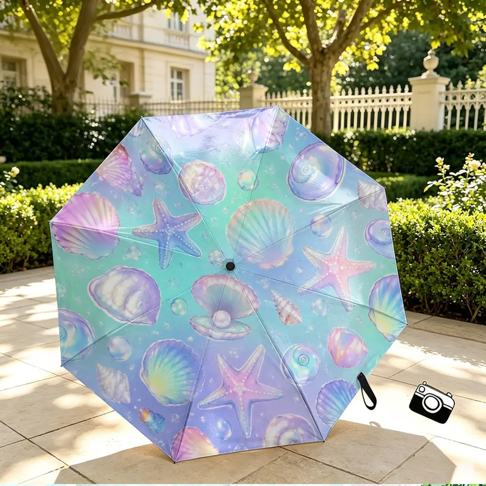 1PC Holographic Seashell 2D Flat Print Folding Umbrella, with Optional External or Internal Print, featuring iridescent seashells, starfishes and bubbles pattern, ideal for daily use, travel, and outdoor activities