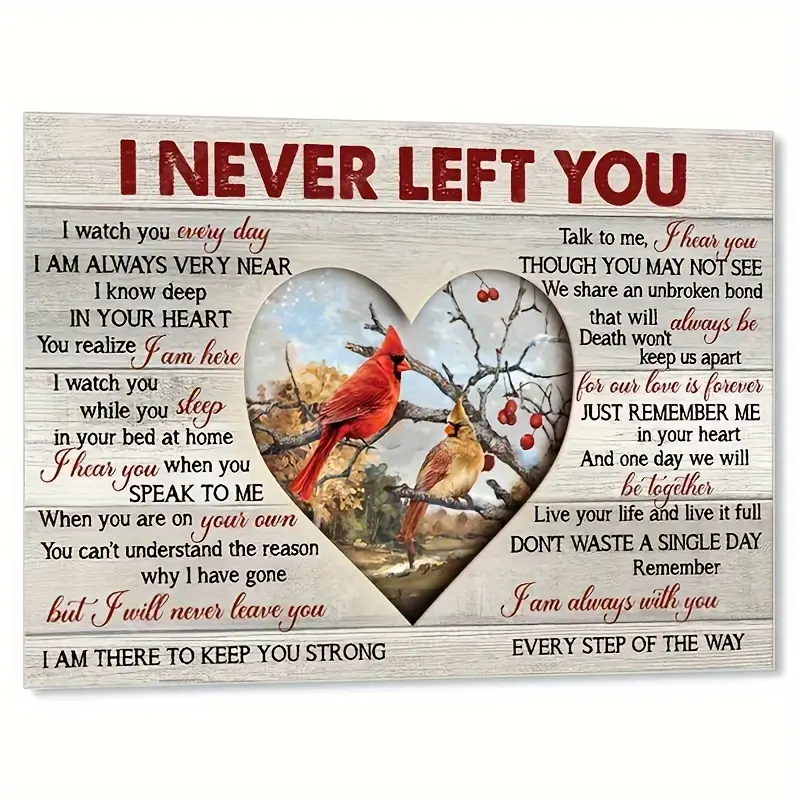 Red Cardinal Bird Remembrance "I Never Left You" Framed Canvas Photo, Rustic Wood Grain Grief Healing Room Decoration, Condolence Gift for Funeral or Anniversary
