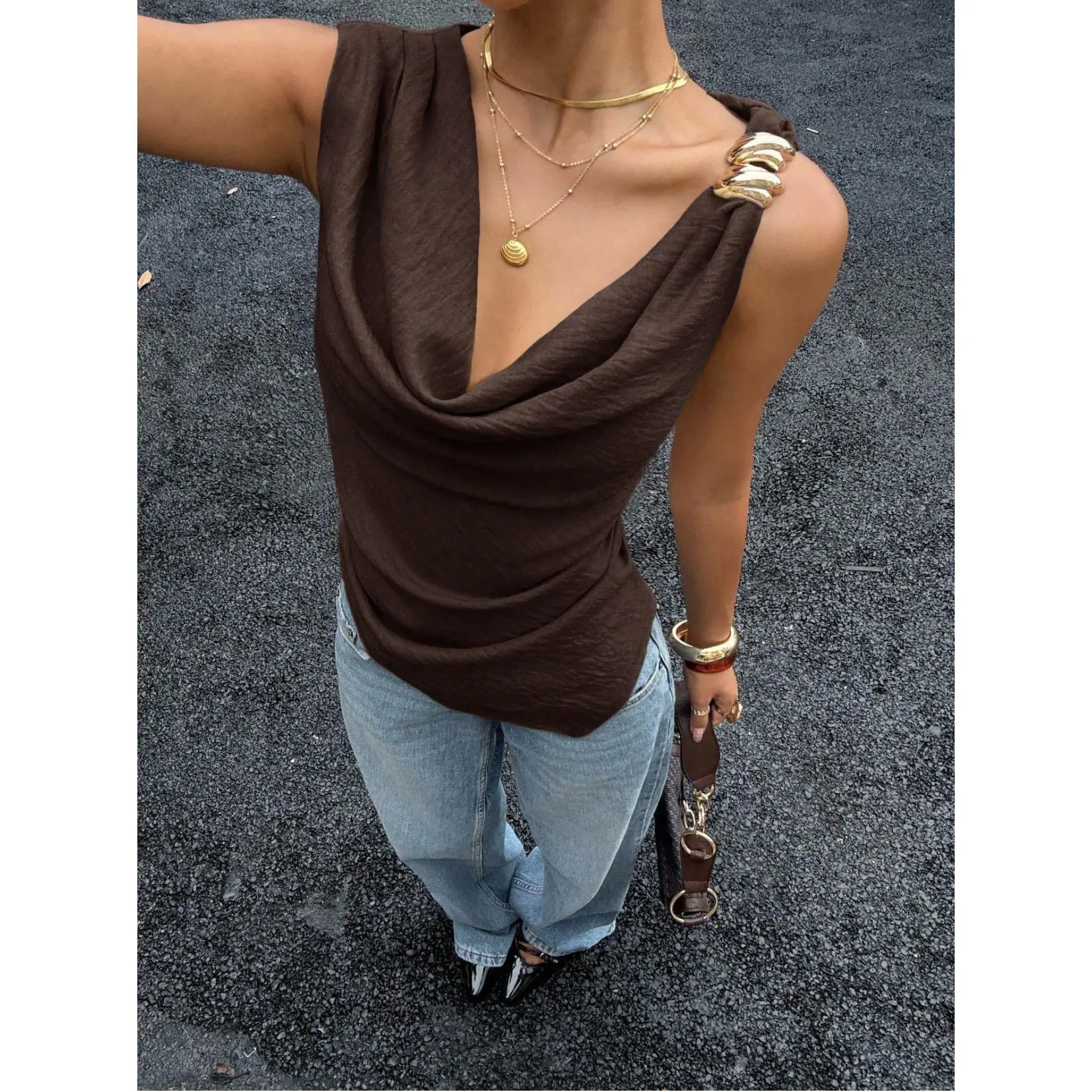 Women's Draped Cowl Neck Sleeveless Polyester Camisole - Decorative Metal Detail, Shoulder Ruched Side, Asymmetrical Hem, Flattering Fit, Party Date Night Tops for Women with Breathable Fabric, Flattering Tops, Going Out Tops, Women's Tops