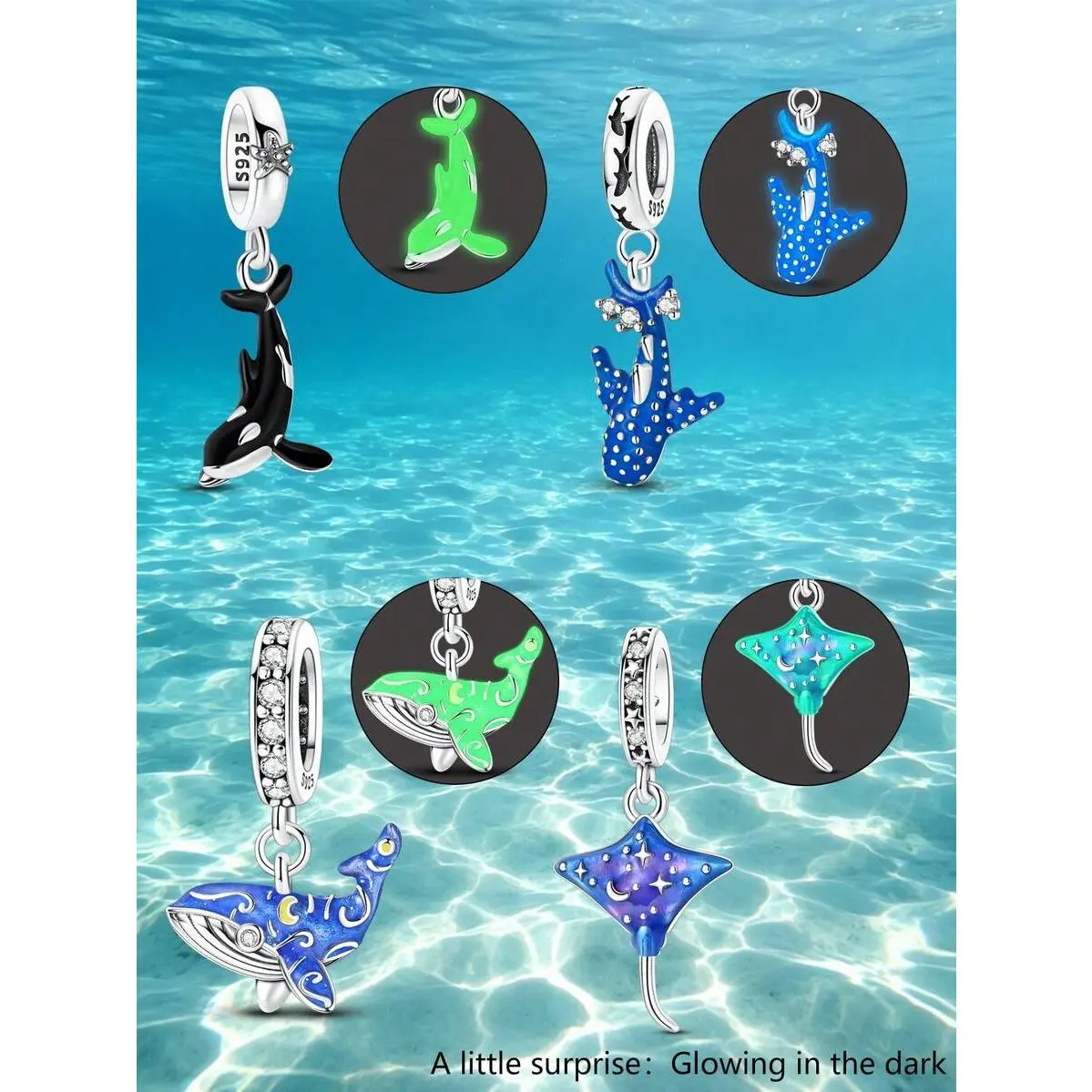 1pc Silver Plated Glow In The Dark Ocean Charm, Whale Shark Orca Manta Ray Dangle Pendant, Fits Bracelet Necklace, Marine Animal DIY Jewelry Gift