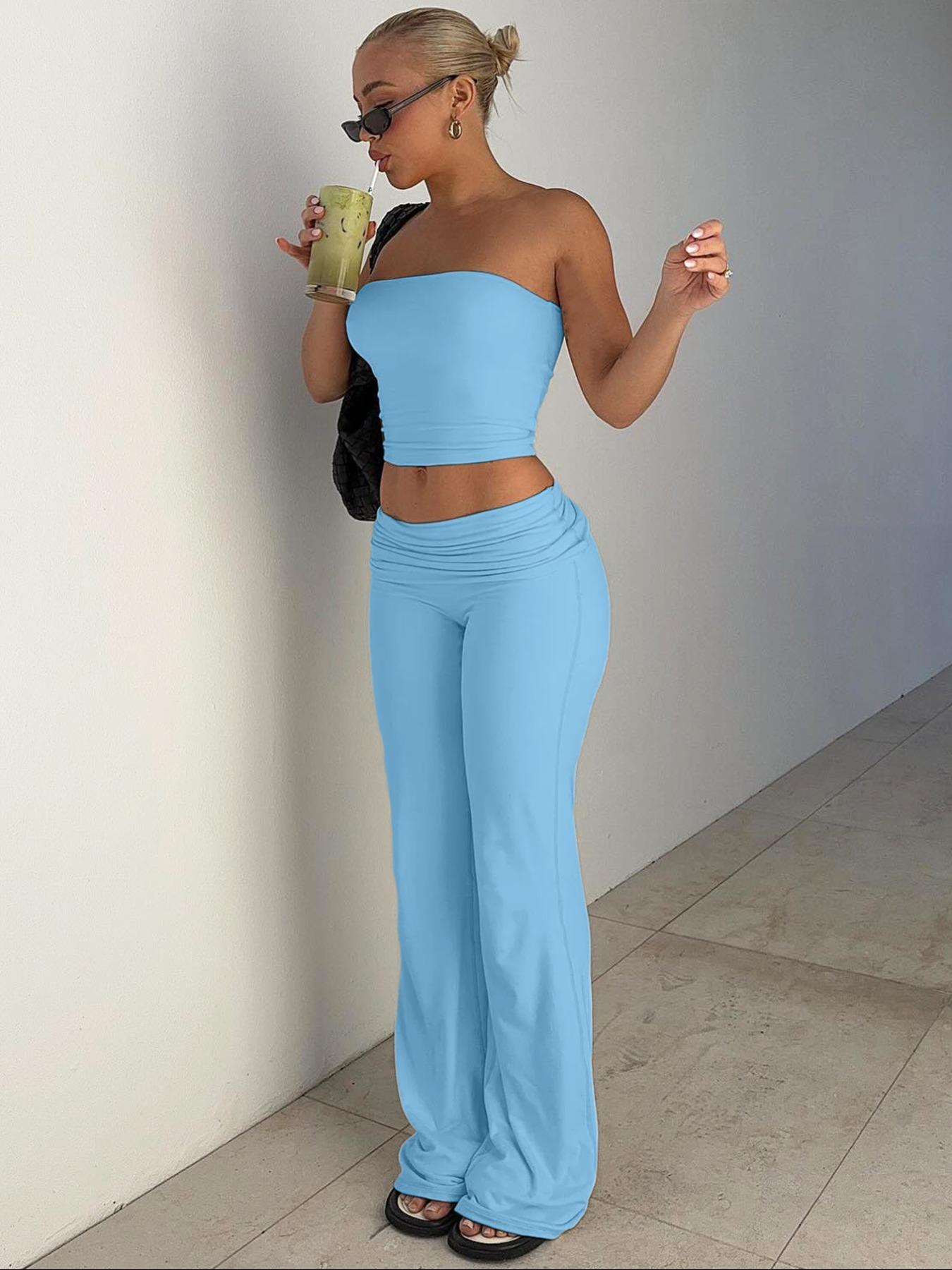 Ocean Style 2026    Two-Piece Set Women's Solid Crop Tube Top & Foldover Waist Flare Leg Pants, Casual Fashion Cozy Outfits for Daily Outdoor Wear, Ladies Clothes for Summer