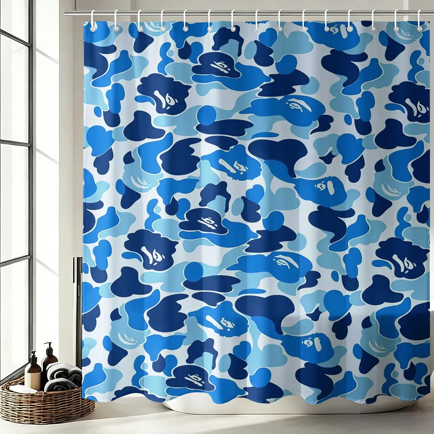 Blue Camo Streetwear Shower Curtain Set, Waterproof Cloth Fabric Bathtub Curtain 72"x72" with 12 Hooks, Fashion Bathroom Decor Accessories, Trendy Camo Bathroom for Street Style Lovers  Home Decor