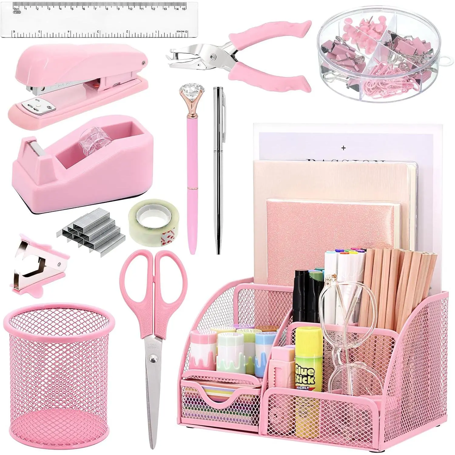 13-in-1 Office Desk Organizer Set with Stapler and Tape Dispenser, Pen Holder, , Ruler, Hole Punch, 2 Pens &  Desktop Accessories for  to School Supplies ()