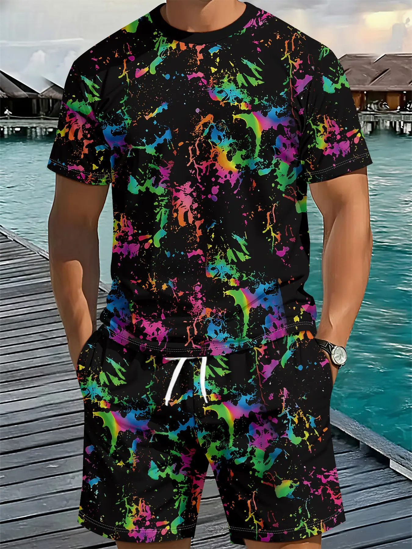 3D Digital Print 2-Piece Set with Random Rainbow Splash Art on Black Background, 2Pcs, Trendy Fashion Outfit, Retro Casual 2-Piece Suit, Trendy Vacation Style Outfit, Breathable Sports Casual Style, Perfect Holiday Gift for Men