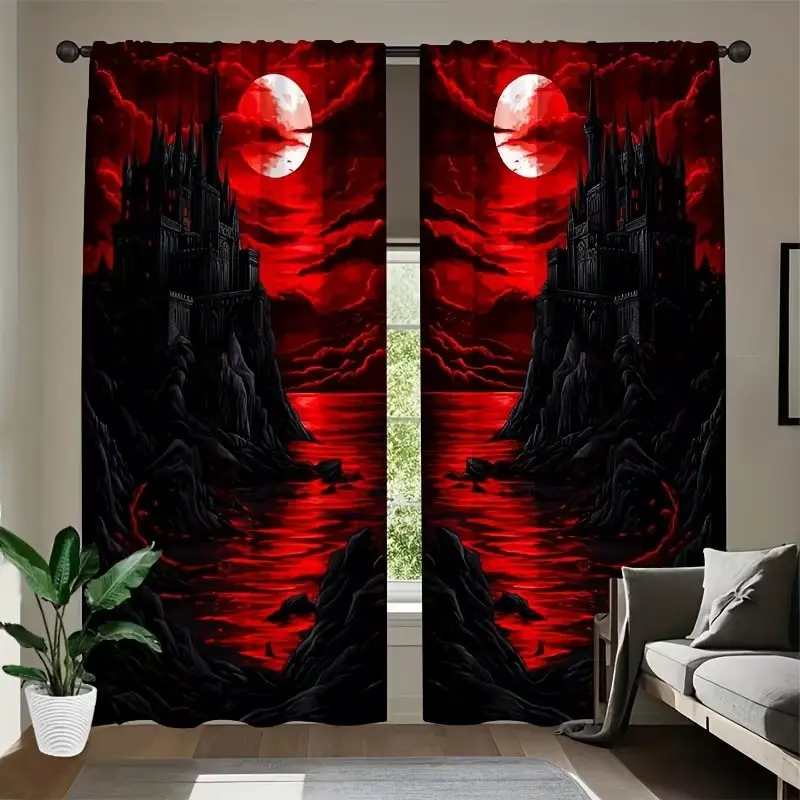 2 Piece Polyester 2D Retro Theme Curtains, Japanese Crimson Sun Design Rod Pocket Window Drapes, for Bedroom and Living Room Decor