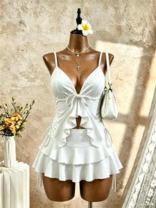 Adjustable Strap Deep V Neck Top with Bow Tie, Feminine Layered Ruffle Hem Midi Skirt Set, Slim Fit Highlighting Waistline