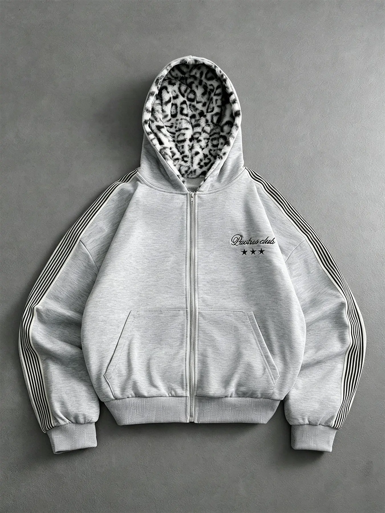 Unisex Light Grey Full Zip Oversized Hoodie with Leopard Lined Hood & Side Striped Sleeves Embroidered Logo American Streetwear Casual Jacket