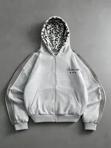 Unisex Light Grey Full Zip Oversized Hoodie with Leopard Lined Hood & Side Striped Sleeves Embroidered Logo American Streetwear Casual Jacket