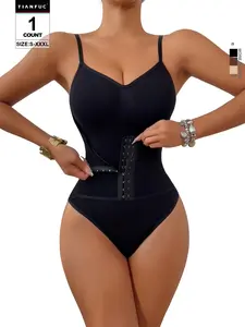 Women Hook Eye Waist Cincher Bodysuit, Adjustable Strap Tummy Control Shapewear, Casual Plain Romper, All Seasons Organic Textile