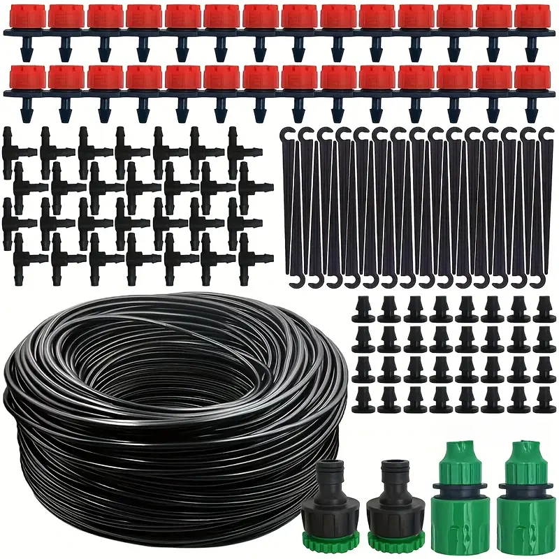 Automatic micro drip irrigation system with 196.85-787.4 inch adjustable watering tape, garden hose and threaded garden hose misting kit - no batteries required