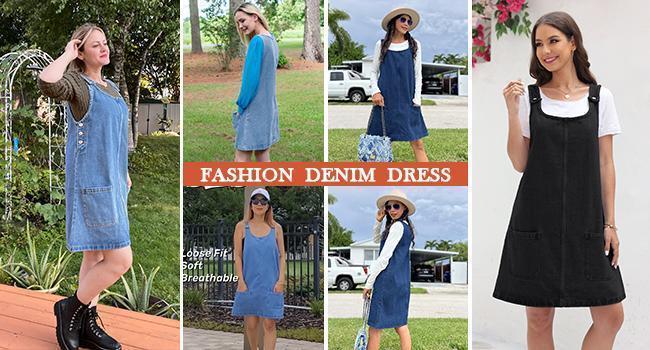 Imily Bela Women's Sleeveless Casual Denim Dress Crewneck Vintage Overall Mini Dress with Pockets