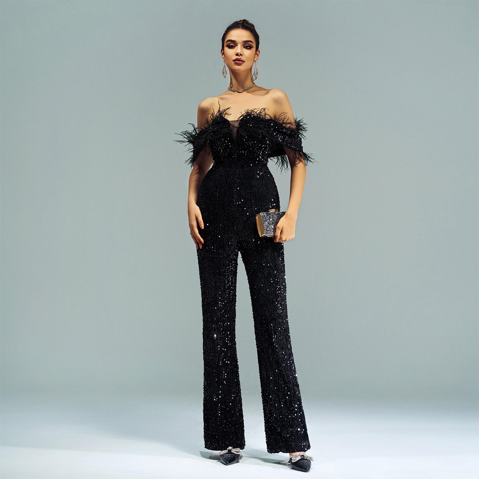 MISSORD Off Shoulder Feather Jumpsuits Womenswear Overalls Black Slight Stretch Back Zipper Padded