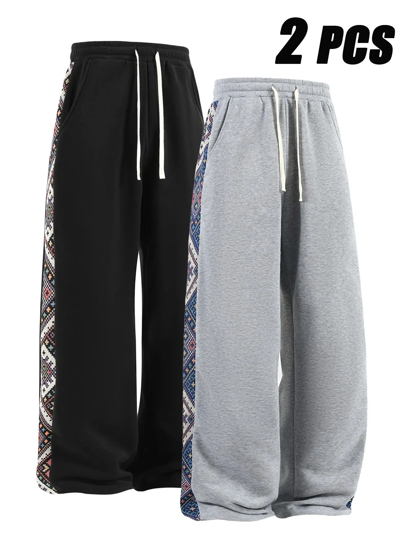 Men's Ethnic Style Geometric Patchwork Sweatpants, Vintage Loose Fit Sporty Long Pants, Casual Drawstring Waist Streetwear Joggers, Knitted Sports Pants, Sportswear Pants