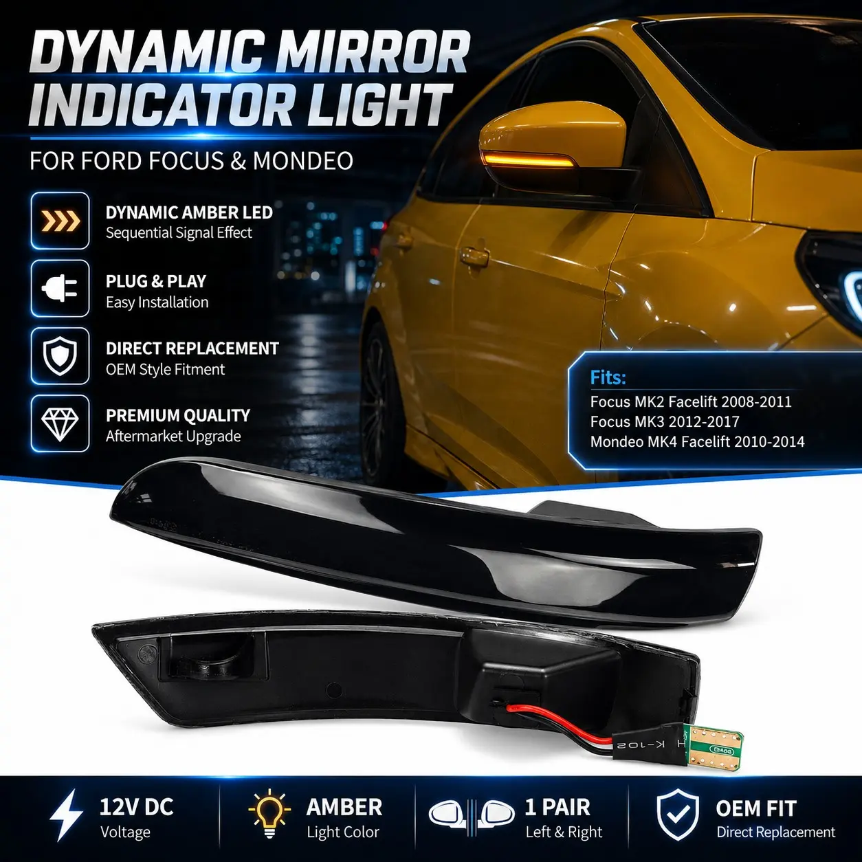 💡🚗2Pcs Dynamic LED Side Mirror Indicator Turn Signal Lights for Ford Focus MK2 MK3 2008-2017 Mondeo MK4 2010-2014, Sequential Amber Blinker Lamp, Plug & Play OEM Style Replacement Wing Mirror Repeater, 12V Car Exterior Lighting Upgrade