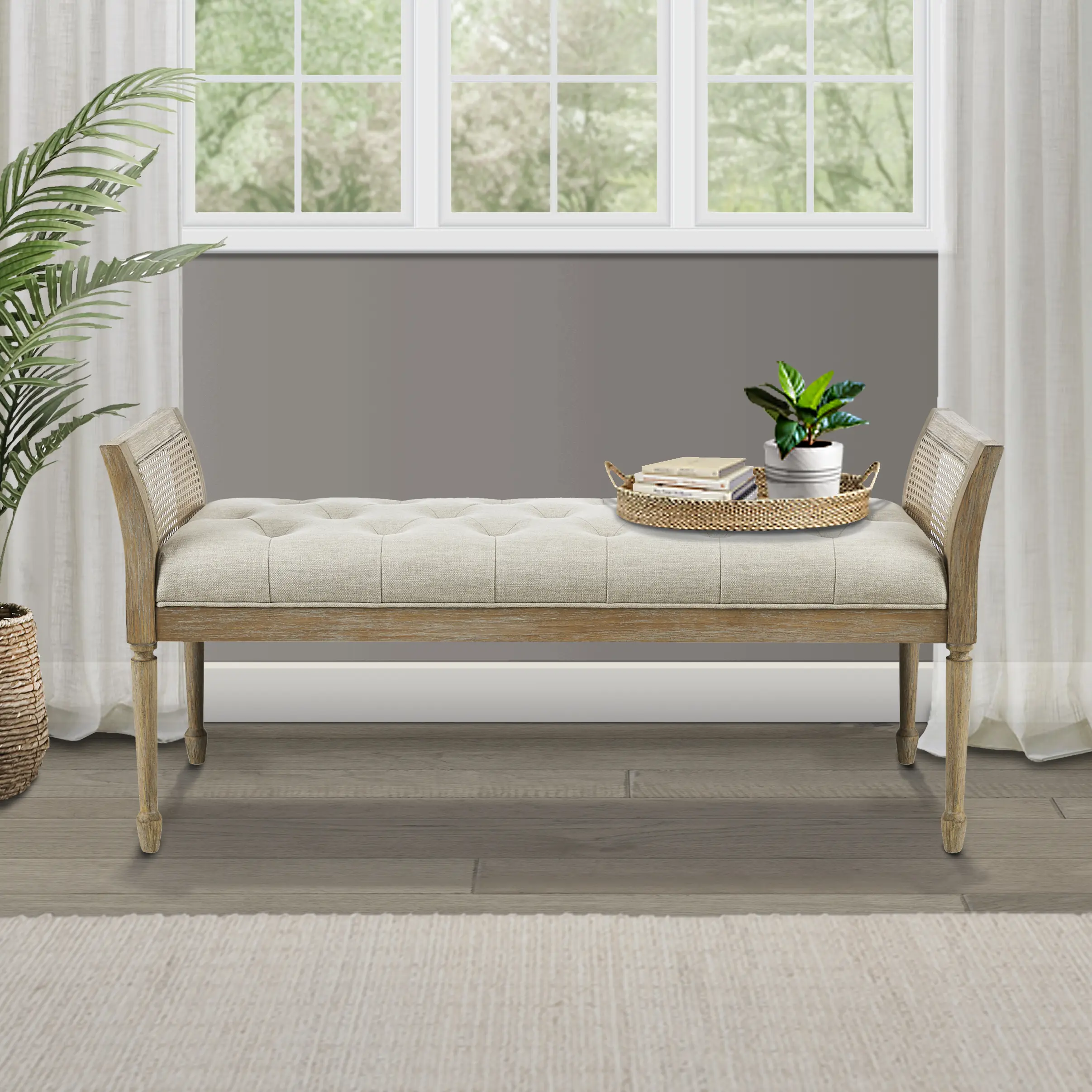 Nokaa Accent Bench with Upholstered Cushion and Storage Shelf, Solid Wood Entryway Shoe Bench, Hallway or Living Room Seating, Natural Finish, 400 lbs Capacity