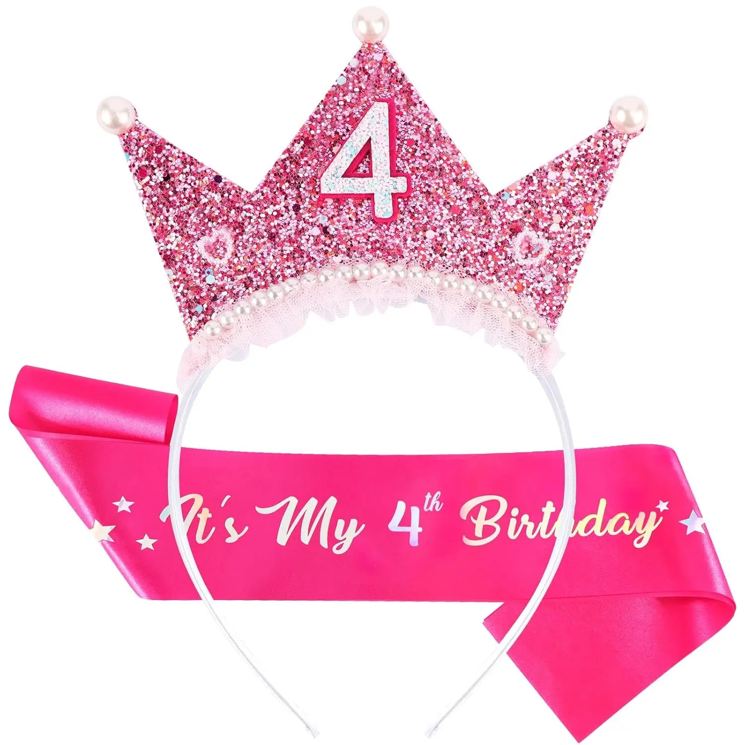 4th Birthday Girl Felt Accessory Set - Lightweight Pearl Headband, Sash, Princess Crown for Dress-Up, Photo Props, Gifting