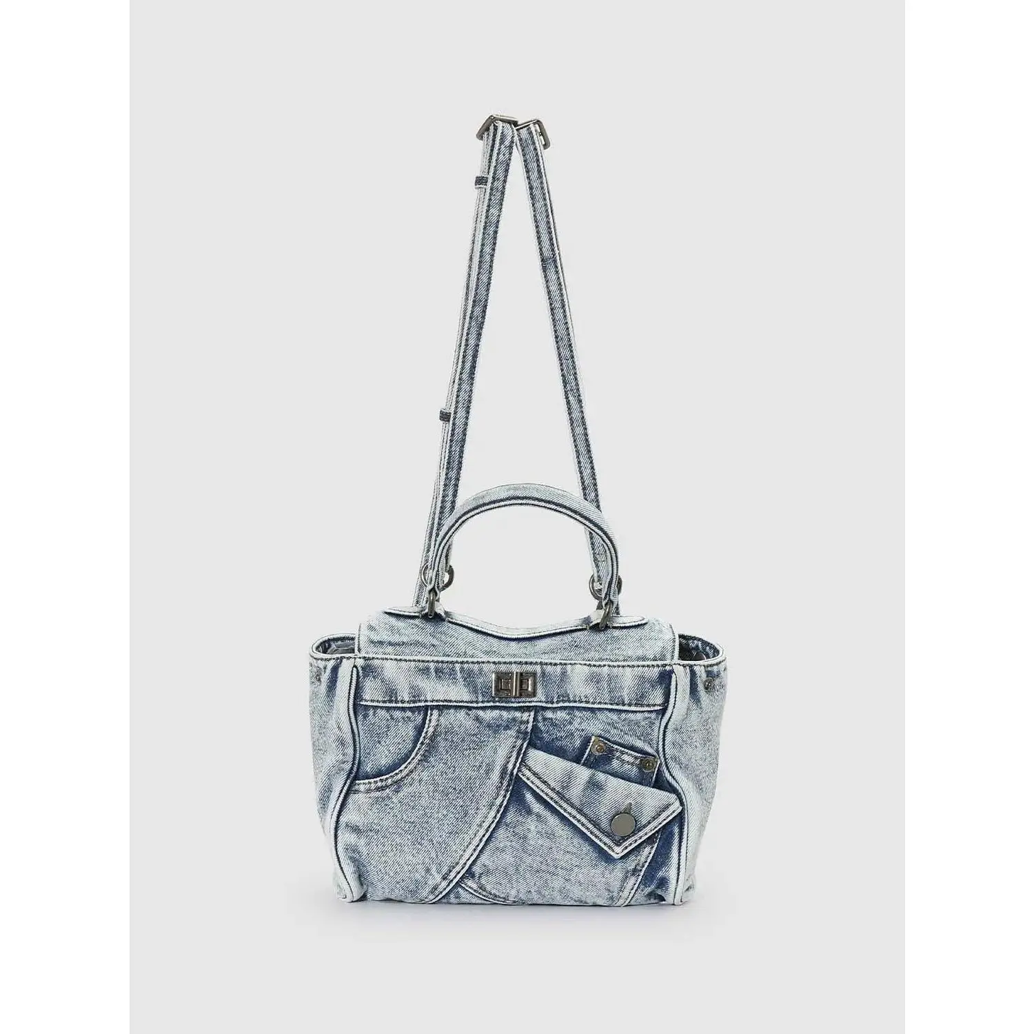 URBAN REVIVO Vintage Washed Denim Handle Front Pocket Backpack