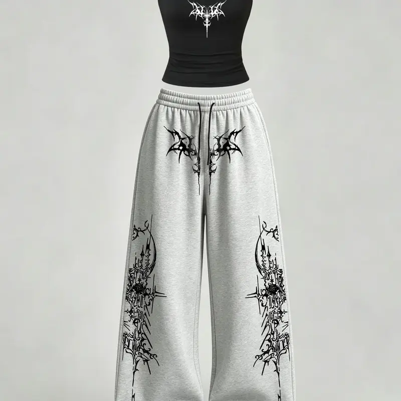 Women's Casual Home Wear Set, Slim Fit Tank Top + Loose Long Pants, Gothic Y2K Style, Chic, Perfect for Daily Commute & Streetwear