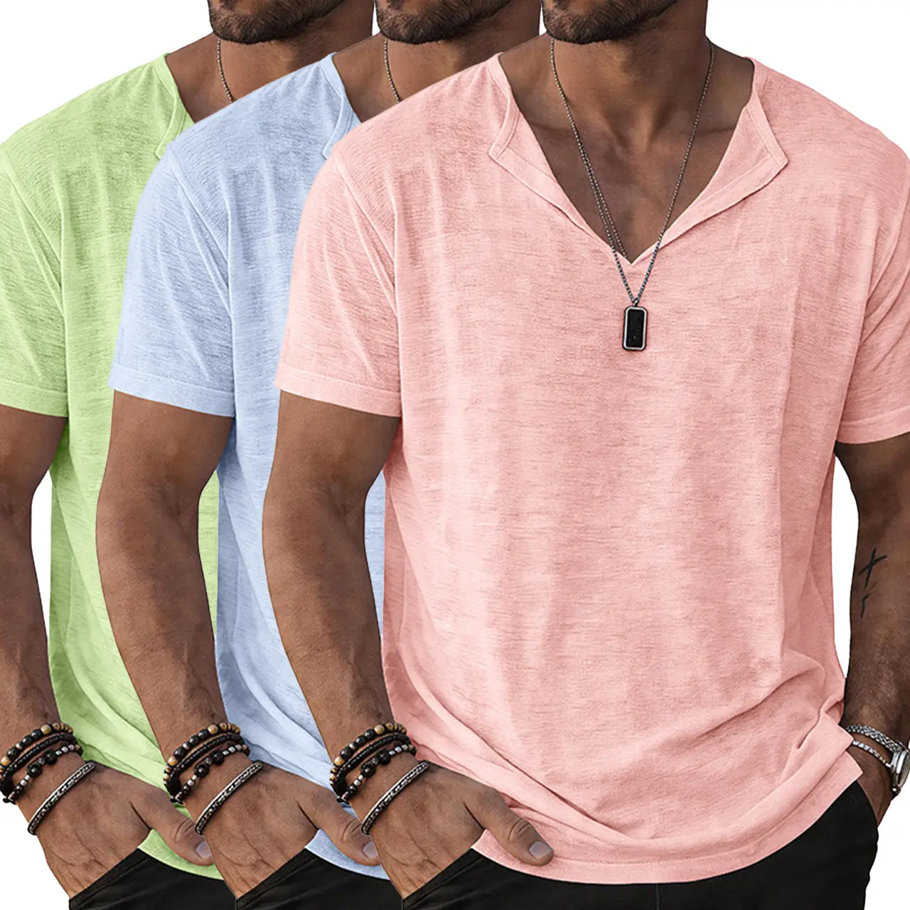 Men's 2/3-Pack Plain V-Neck Short-Sleeve T-Shirts - Draped Loose-Fitting Relaxed Cut for Casual Everyday Clean Look, Menswear Tops, Multiple Packs, All Seasons, Standard Sizes