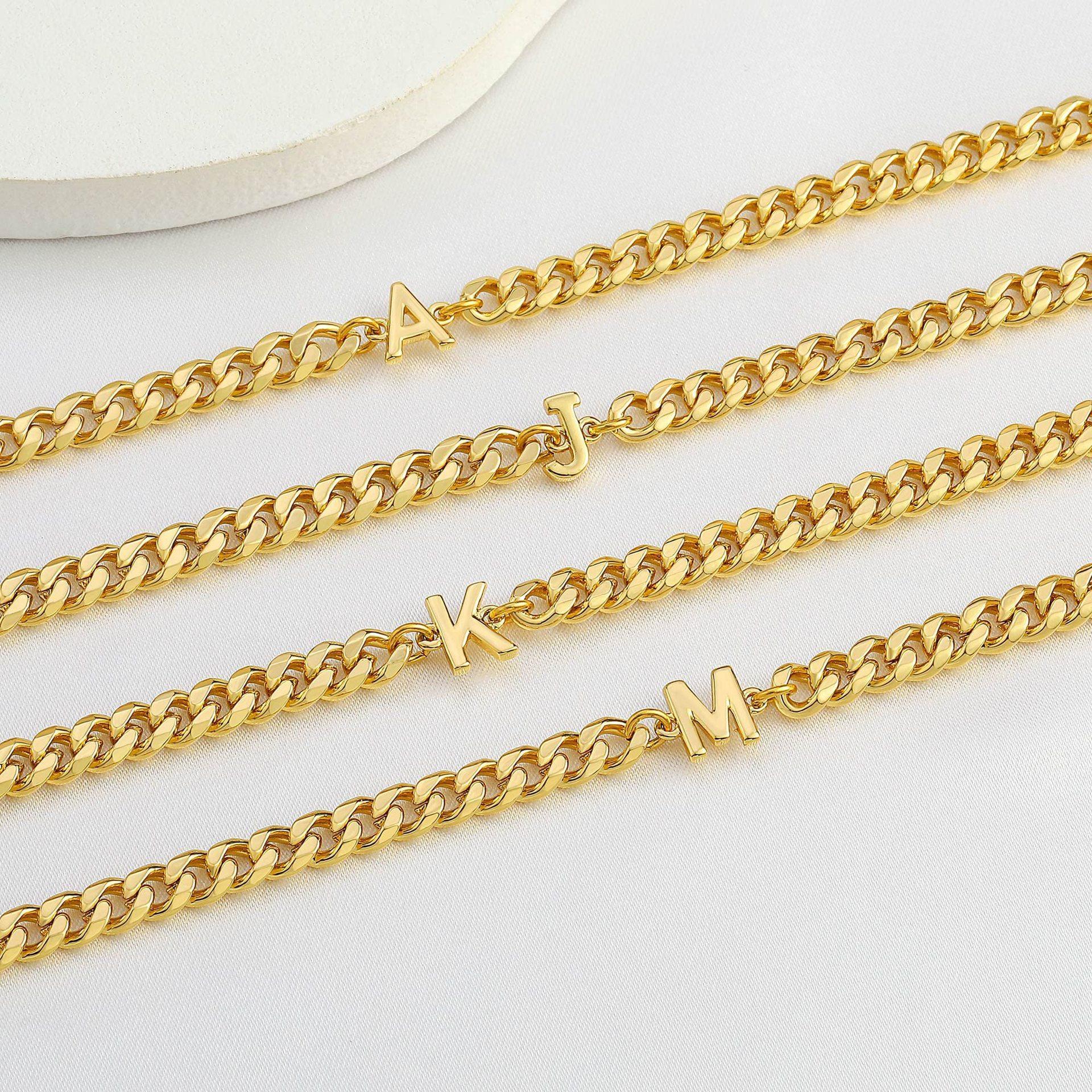 Stainless Steel 26 Initials Cuban Chain Bracelet Non-Fading Couple Jewelry For Men