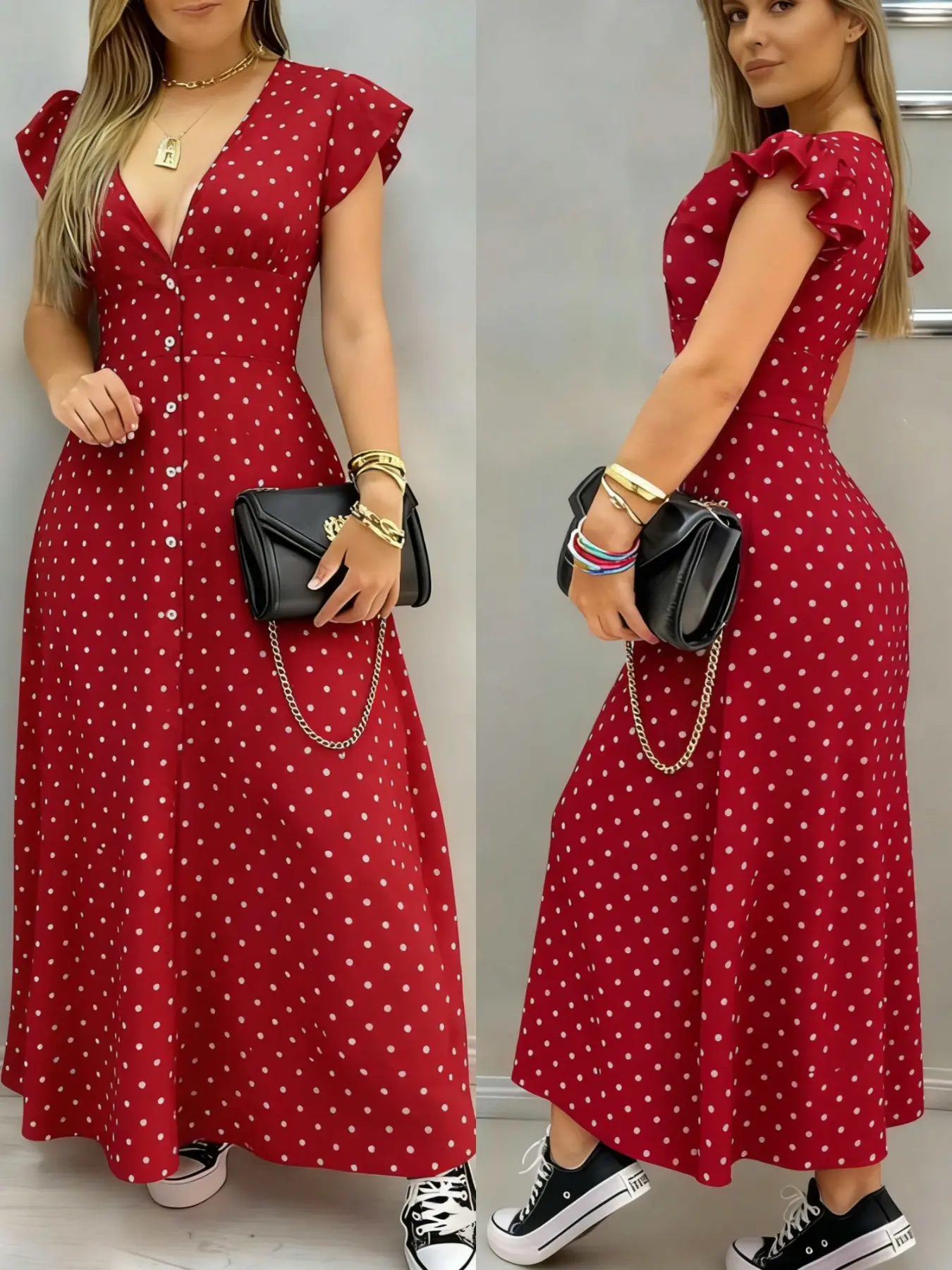 Summer Fashion Women's Polka Dot Print Short Sleeve Split Dress, Casual French Elegant Long Dress for Parties and Vacations