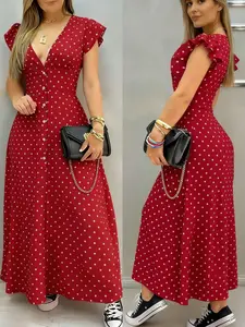 Summer Fashion Women's Polka Dot Print Short Sleeve Split Dress, Casual French Elegant Long Dress for Parties and Vacations