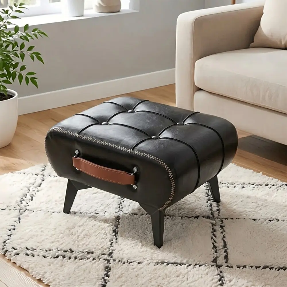 High quality leather stool, equipped with portable handles and metal legs; Modern minimalist square footstool/footrest with hidden storage space, available in multiple colors, suitable for living room