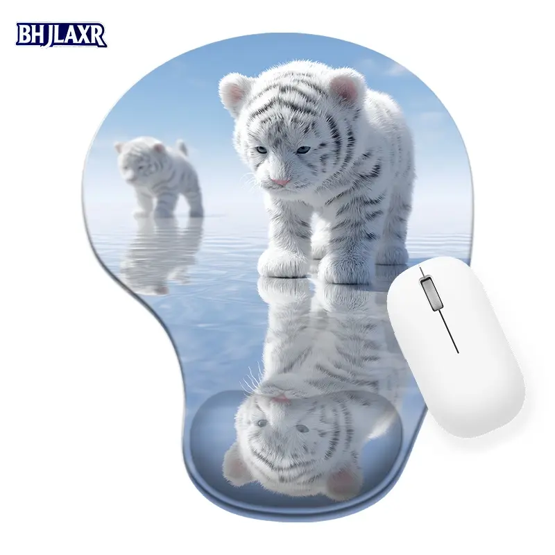 Serene White Tiger Cubs Reflection Silicone Wrist Rest Mouse Pad 8.98*7.56inchs Ergonomic Office Home Computer Mousepad Great Gift