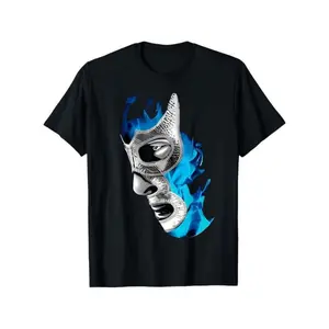 Mex-Art Demon Blue Lucha Libre Mexican Wrestler Graphic T-Shirt - 100% cotton soft breathable regular fit casual tee with vibrant mask print, double needle seams, machine washable, wrestling t-shirt, everyday wear top, durable fabric s
