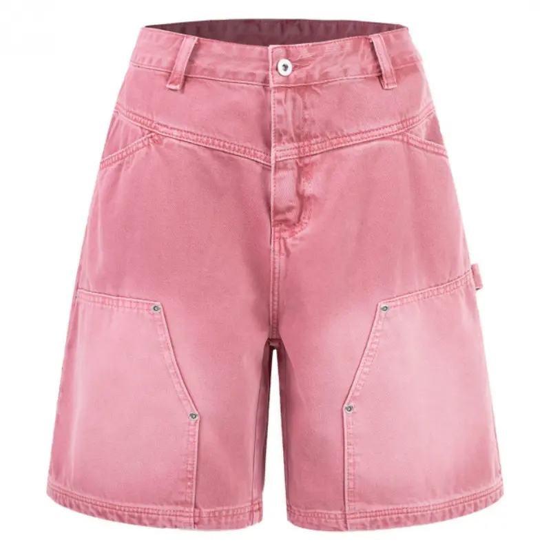 Men's American Vintage Pink Washed Cargo 5" Shorts, Classic Multi-Pocket with Tool Loop Rivet Detail, Button Zip Waist Straight Leg, Durable Breathable Fabric Streetwear Summer Daily Casual Wear men's cargo shorts # SummerWins # fathersdaygift jean men