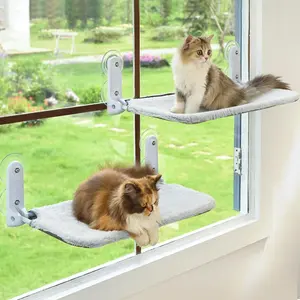 Set of 2 Cordless Foldable Cat Window Perches with Metal Frames and Large Suction Cups – Reversible & Detachable – Soft Cover, 2-Tier Design (Tool-Free/Easy Installation) – Suitable for Indoor Cats – Multi-Window Hammock Bed